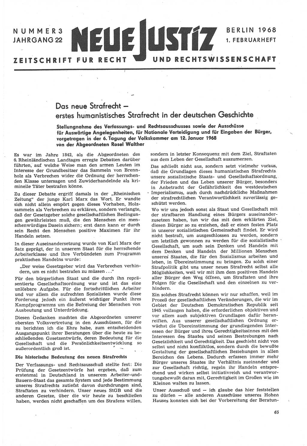 Neue Justiz (NJ), Zeitschrift für Recht und Rechtswissenschaft [Deutsche Demokratische Republik (DDR)], 22. Jahrgang 1968, Seite 65 (NJ DDR 1968, S. 65)