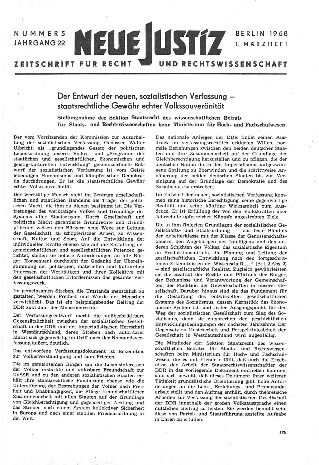 Neue Justiz (NJ), Zeitschrift für Recht und Rechtswissenschaft [Deutsche Demokratische Republik (DDR)], 22. Jahrgang 1968, Seite 129 (NJ DDR 1968, S. 129)