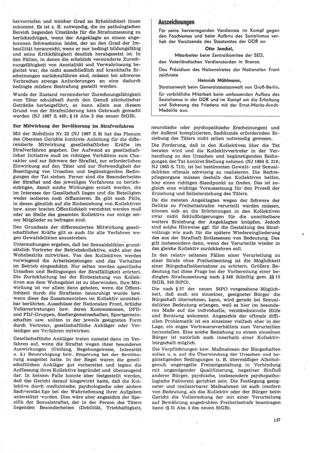 Neue Justiz (NJ), Zeitschrift für Recht und Rechtswissenschaft [Deutsche Demokratische Republik (DDR)], 22. Jahrgang 1968, Seite 137 (NJ DDR 1968, S. 137)