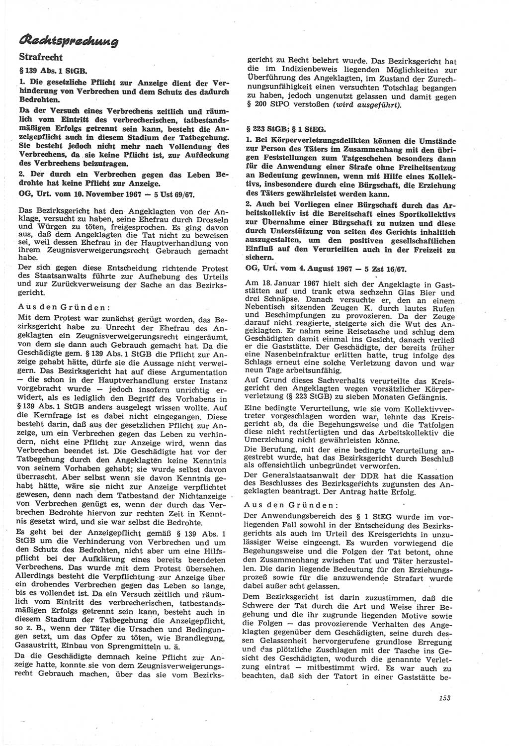 Neue Justiz (NJ), Zeitschrift für Recht und Rechtswissenschaft [Deutsche Demokratische Republik (DDR)], 22. Jahrgang 1968, Seite 153 (NJ DDR 1968, S. 153)