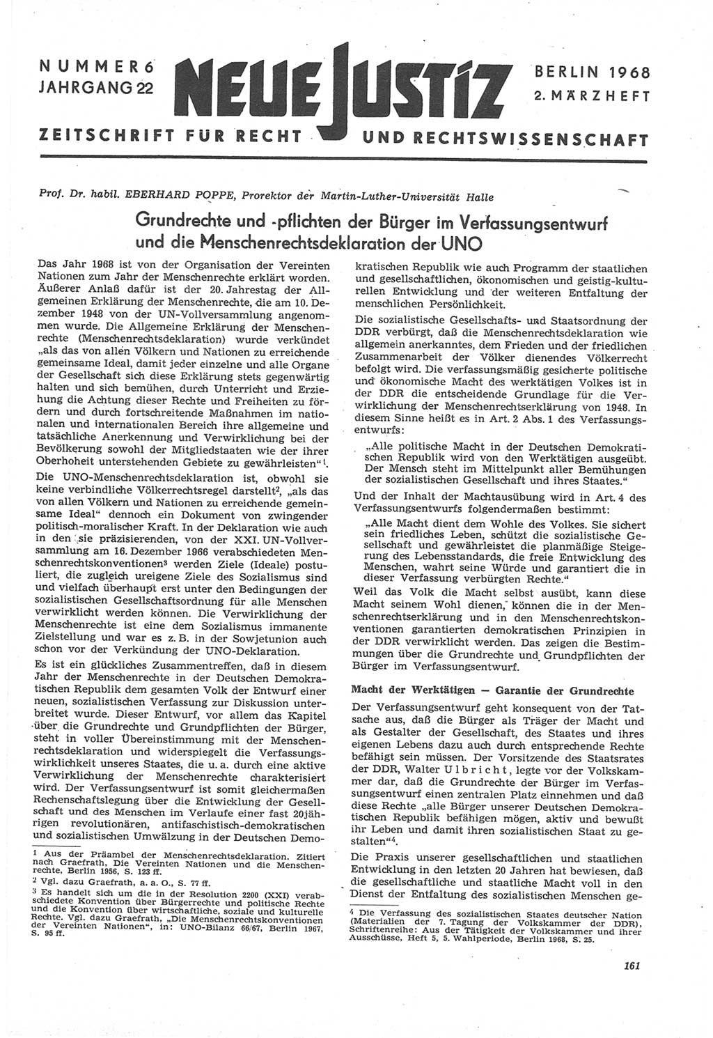 Neue Justiz (NJ), Zeitschrift für Recht und Rechtswissenschaft [Deutsche Demokratische Republik (DDR)], 22. Jahrgang 1968, Seite 161 (NJ DDR 1968, S. 161)