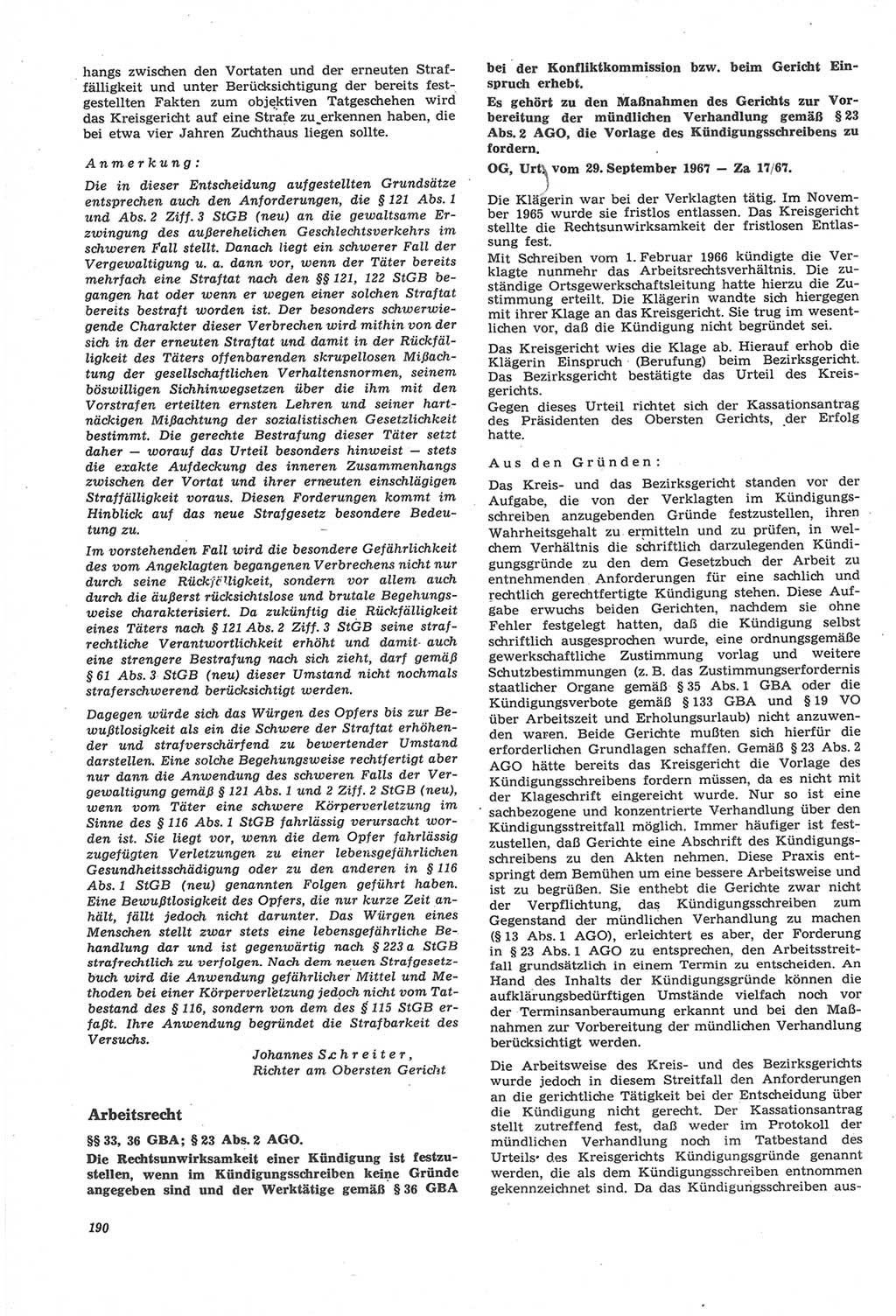 Neue Justiz (NJ), Zeitschrift für Recht und Rechtswissenschaft [Deutsche Demokratische Republik (DDR)], 22. Jahrgang 1968, Seite 190 (NJ DDR 1968, S. 190)