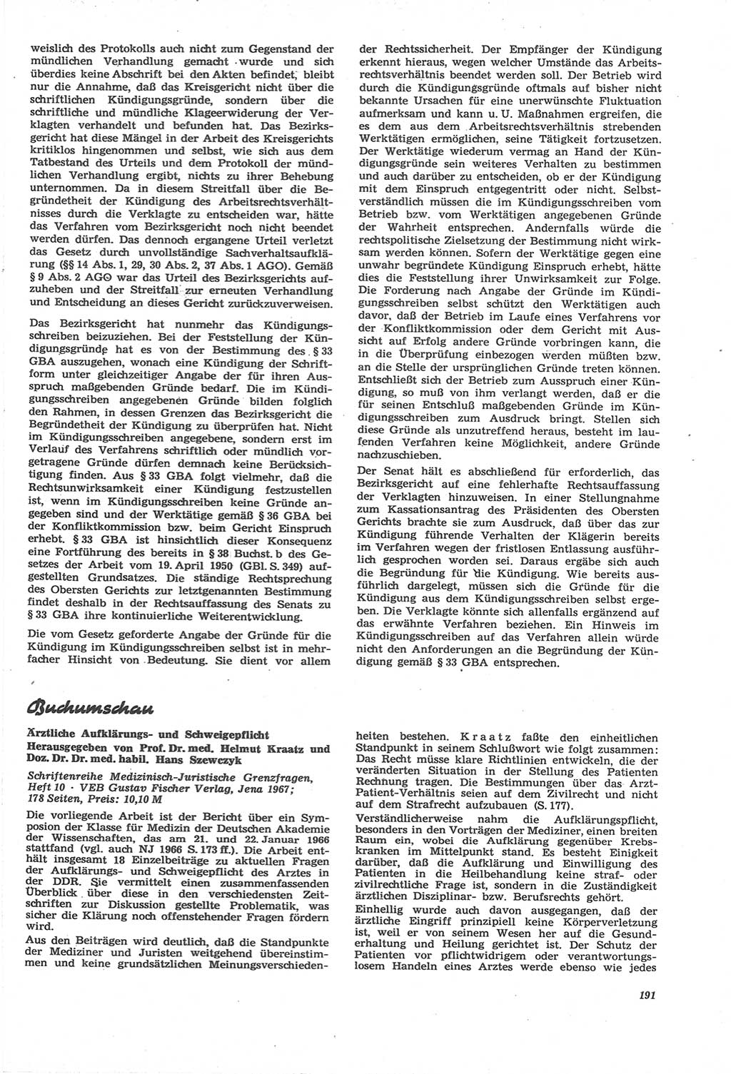 Neue Justiz (NJ), Zeitschrift für Recht und Rechtswissenschaft [Deutsche Demokratische Republik (DDR)], 22. Jahrgang 1968, Seite 191 (NJ DDR 1968, S. 191)