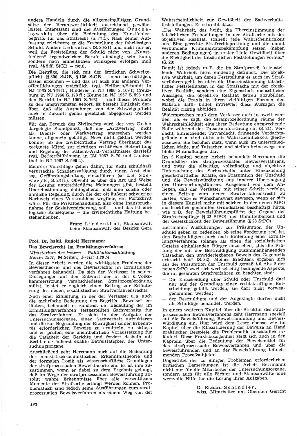 Neue Justiz (NJ), Zeitschrift für Recht und Rechtswissenschaft [Deutsche Demokratische Republik (DDR)], 22. Jahrgang 1968, Seite 192 (NJ DDR 1968, S. 192)