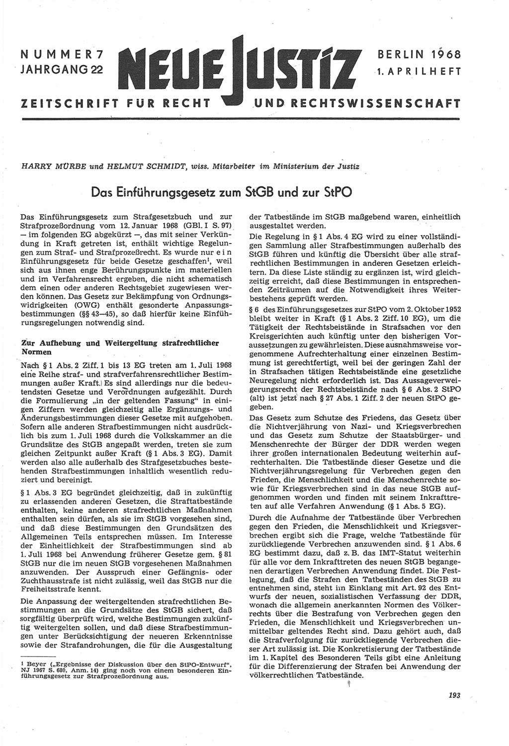 Neue Justiz (NJ), Zeitschrift für Recht und Rechtswissenschaft [Deutsche Demokratische Republik (DDR)], 22. Jahrgang 1968, Seite 193 (NJ DDR 1968, S. 193)
