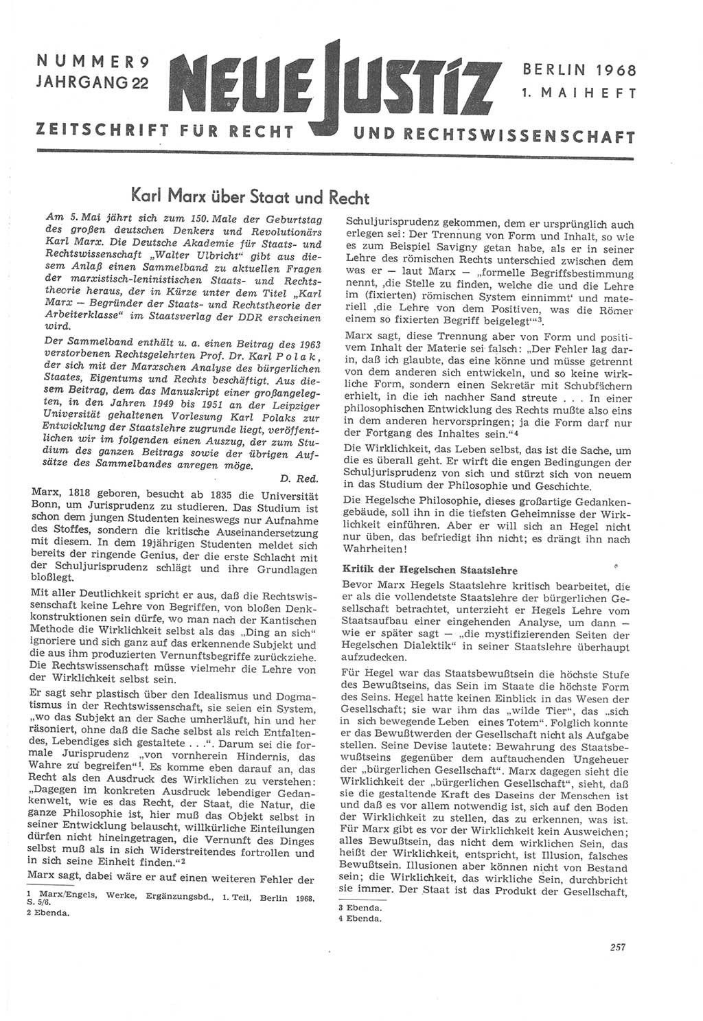 Neue Justiz (NJ), Zeitschrift für Recht und Rechtswissenschaft [Deutsche Demokratische Republik (DDR)], 22. Jahrgang 1968, Seite 257 (NJ DDR 1968, S. 257)