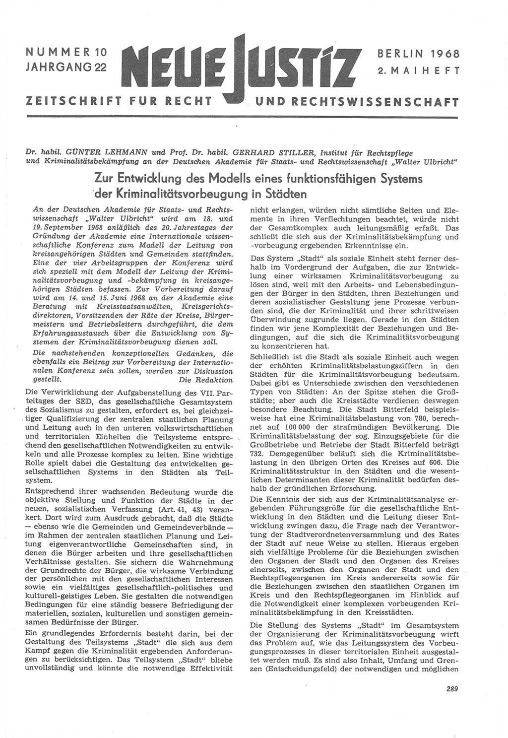 Neue Justiz (NJ), Zeitschrift für Recht und Rechtswissenschaft [Deutsche Demokratische Republik (DDR)], 22. Jahrgang 1968, Seite 289 (NJ DDR 1968, S. 289)