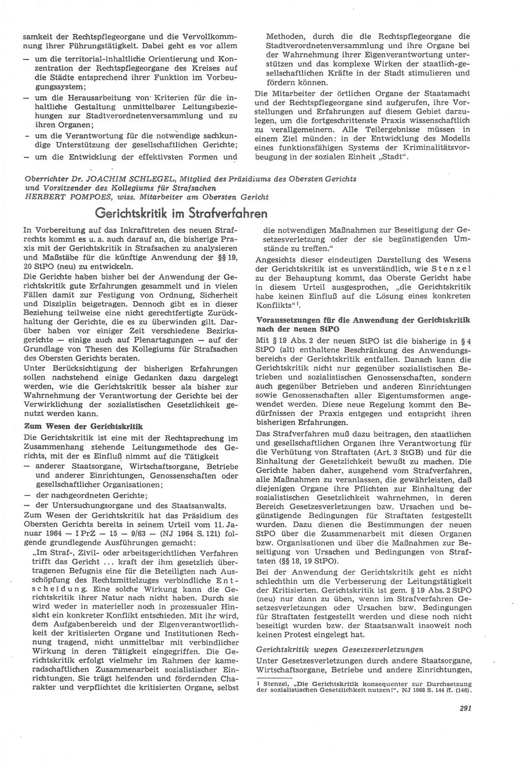 Neue Justiz (NJ), Zeitschrift für Recht und Rechtswissenschaft [Deutsche Demokratische Republik (DDR)], 22. Jahrgang 1968, Seite 291 (NJ DDR 1968, S. 291)