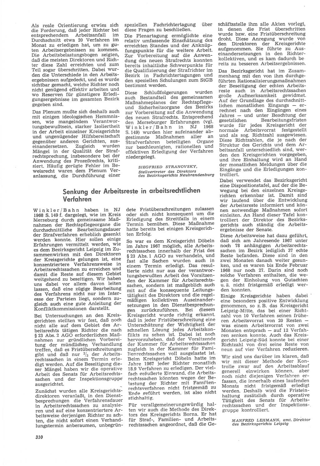 Neue Justiz (NJ), Zeitschrift für Recht und Rechtswissenschaft [Deutsche Demokratische Republik (DDR)], 22. Jahrgang 1968, Seite 310 (NJ DDR 1968, S. 310)