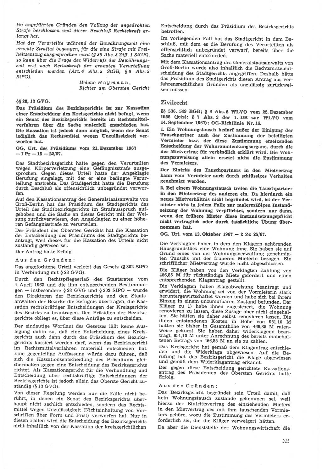 Neue Justiz (NJ), Zeitschrift für Recht und Rechtswissenschaft [Deutsche Demokratische Republik (DDR)], 22. Jahrgang 1968, Seite 315 (NJ DDR 1968, S. 315)