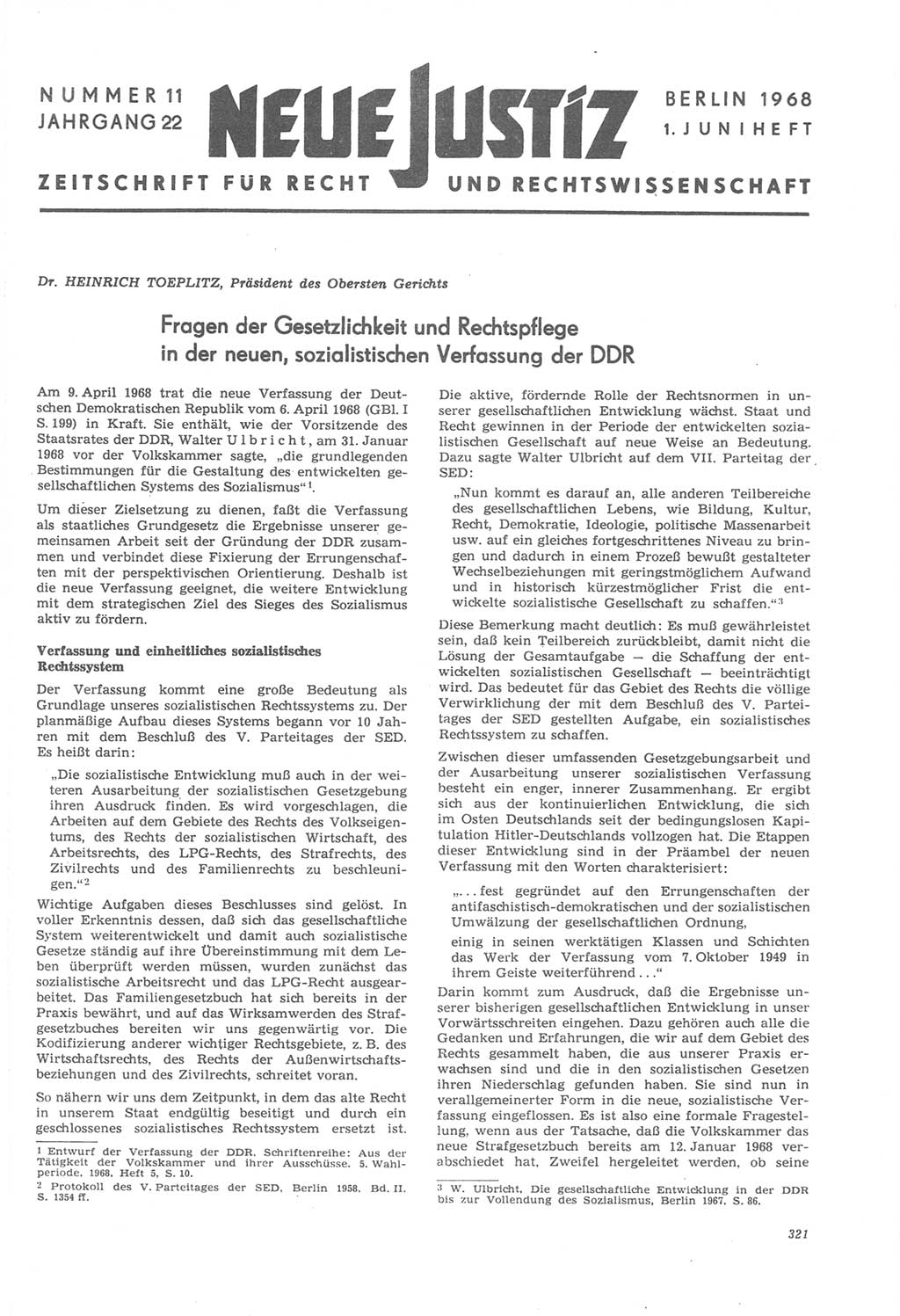 Neue Justiz (NJ), Zeitschrift für Recht und Rechtswissenschaft [Deutsche Demokratische Republik (DDR)], 22. Jahrgang 1968, Seite 321 (NJ DDR 1968, S. 321)