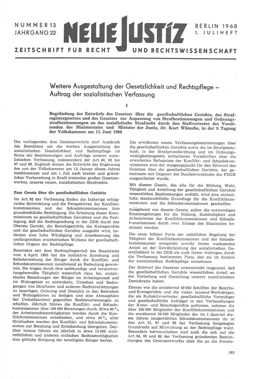 Neue Justiz (NJ), Zeitschrift für Recht und Rechtswissenschaft [Deutsche Demokratische Republik (DDR)], 22. Jahrgang 1968, Seite 385 (NJ DDR 1968, S. 385)