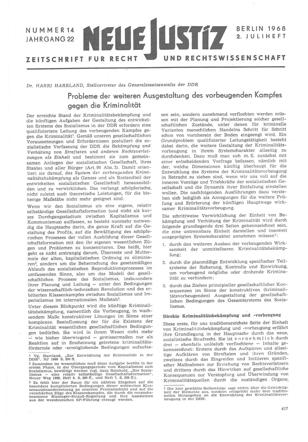 Neue Justiz (NJ), Zeitschrift für Recht und Rechtswissenschaft [Deutsche Demokratische Republik (DDR)], 22. Jahrgang 1968, Seite 417 (NJ DDR 1968, S. 417)