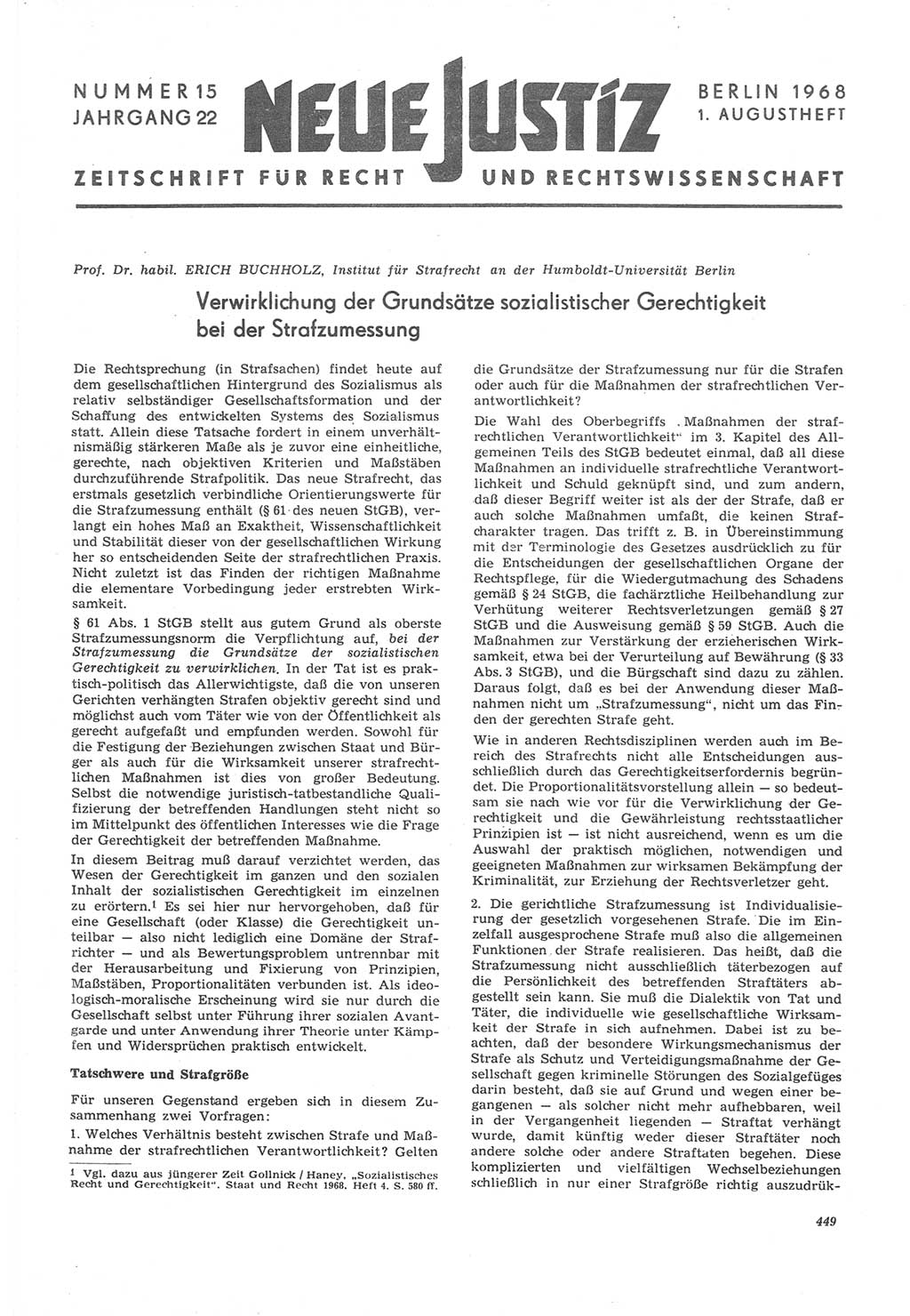 Neue Justiz (NJ), Zeitschrift für Recht und Rechtswissenschaft [Deutsche Demokratische Republik (DDR)], 22. Jahrgang 1968, Seite 449 (NJ DDR 1968, S. 449)