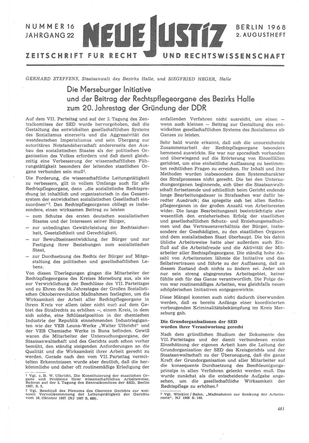 Neue Justiz (NJ), Zeitschrift für Recht und Rechtswissenschaft [Deutsche Demokratische Republik (DDR)], 22. Jahrgang 1968, Seite 481 (NJ DDR 1968, S. 481)