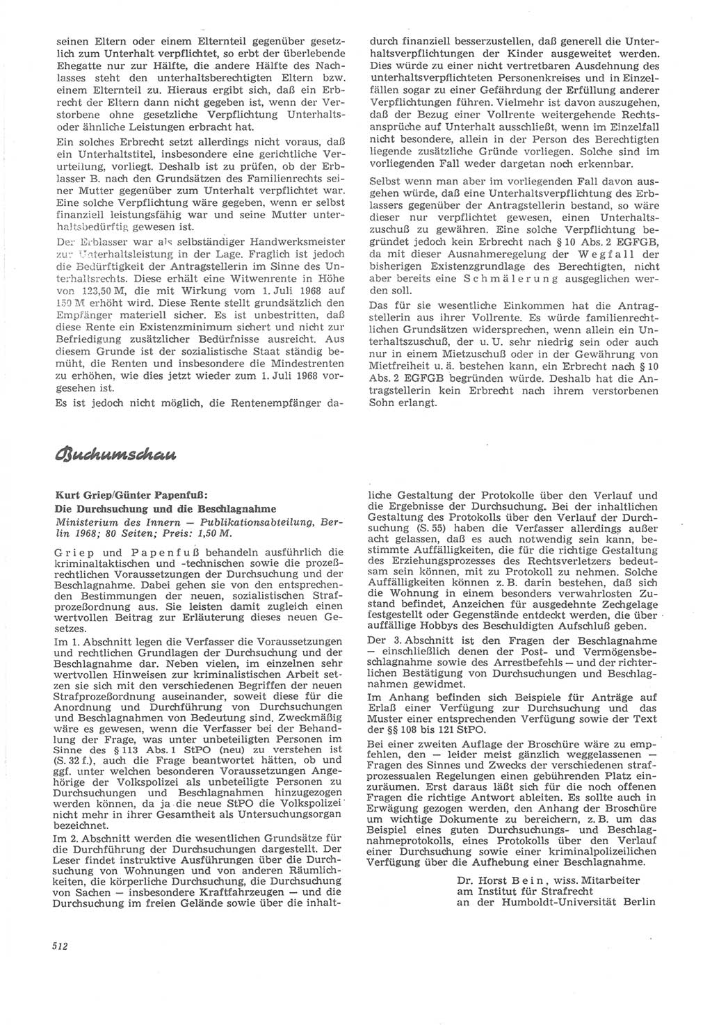 Neue Justiz (NJ), Zeitschrift für Recht und Rechtswissenschaft [Deutsche Demokratische Republik (DDR)], 22. Jahrgang 1968, Seite 512 (NJ DDR 1968, S. 512)