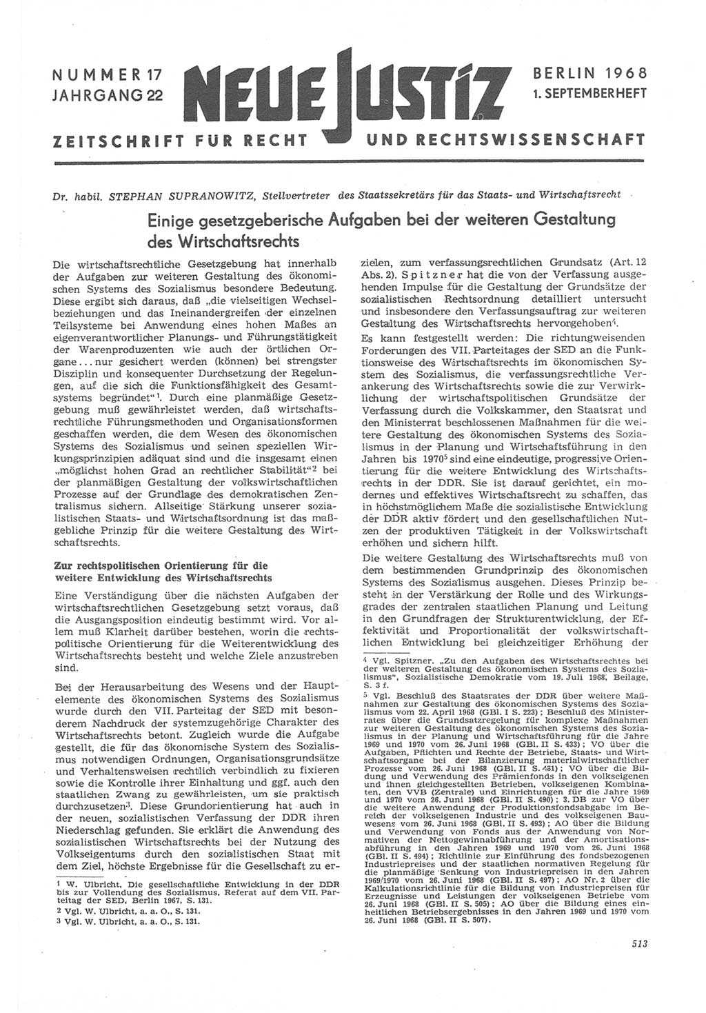 Neue Justiz (NJ), Zeitschrift für Recht und Rechtswissenschaft [Deutsche Demokratische Republik (DDR)], 22. Jahrgang 1968, Seite 513 (NJ DDR 1968, S. 513)