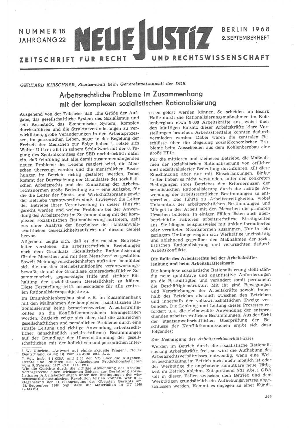 Neue Justiz (NJ), Zeitschrift für Recht und Rechtswissenschaft [Deutsche Demokratische Republik (DDR)], 22. Jahrgang 1968, Seite 545 (NJ DDR 1968, S. 545)