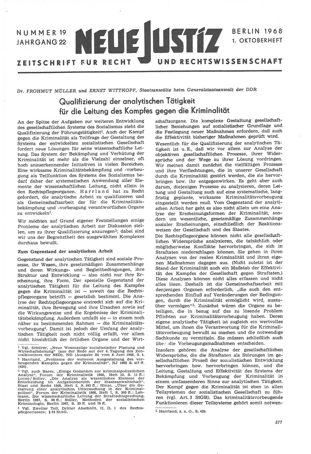 Neue Justiz (NJ), Zeitschrift für Recht und Rechtswissenschaft [Deutsche Demokratische Republik (DDR)], 22. Jahrgang 1968, Seite 577 (NJ DDR 1968, S. 577)