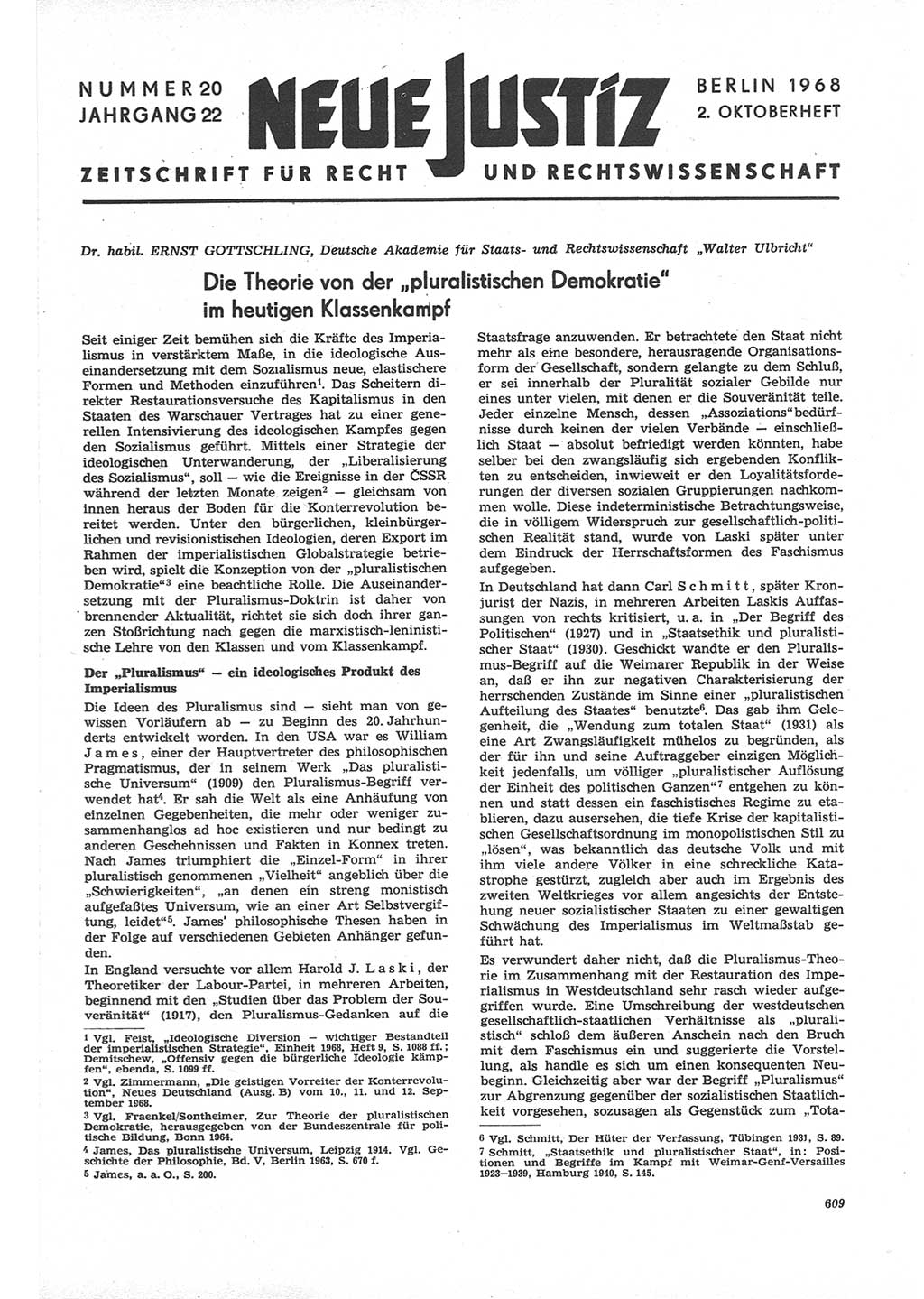 Neue Justiz (NJ), Zeitschrift für Recht und Rechtswissenschaft [Deutsche Demokratische Republik (DDR)], 22. Jahrgang 1968, Seite 609 (NJ DDR 1968, S. 609)