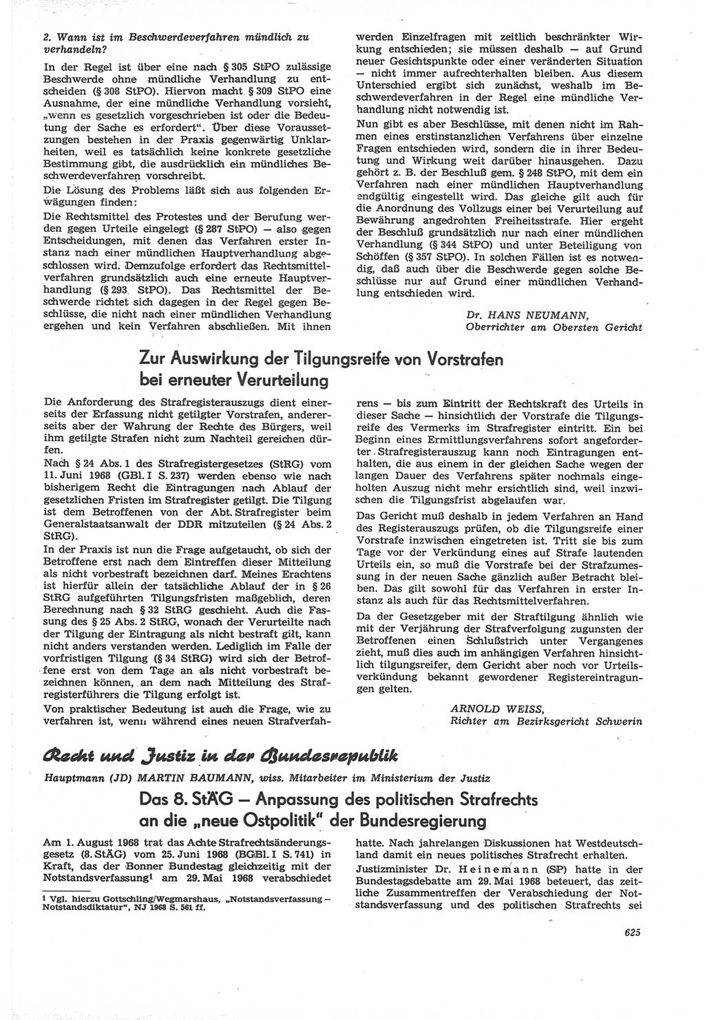 Neue Justiz (NJ), Zeitschrift für Recht und Rechtswissenschaft [Deutsche Demokratische Republik (DDR)], 22. Jahrgang 1968, Seite 625 (NJ DDR 1968, S. 625)