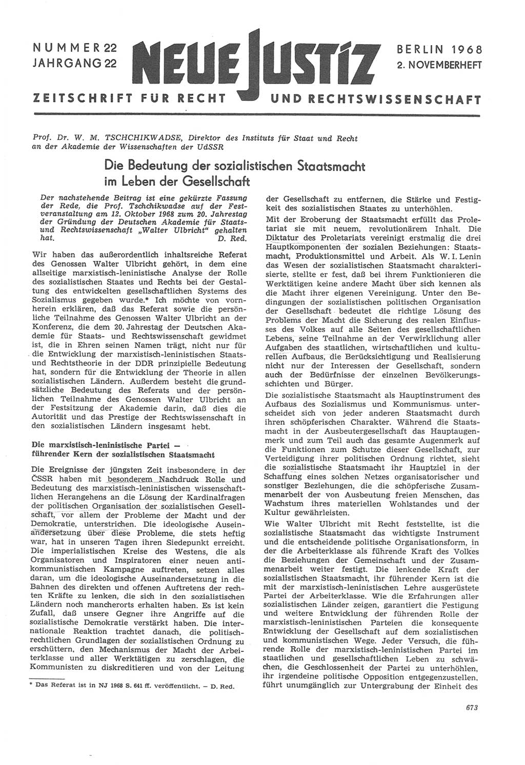 Neue Justiz (NJ), Zeitschrift für Recht und Rechtswissenschaft [Deutsche Demokratische Republik (DDR)], 22. Jahrgang 1968, Seite 673 (NJ DDR 1968, S. 673)
