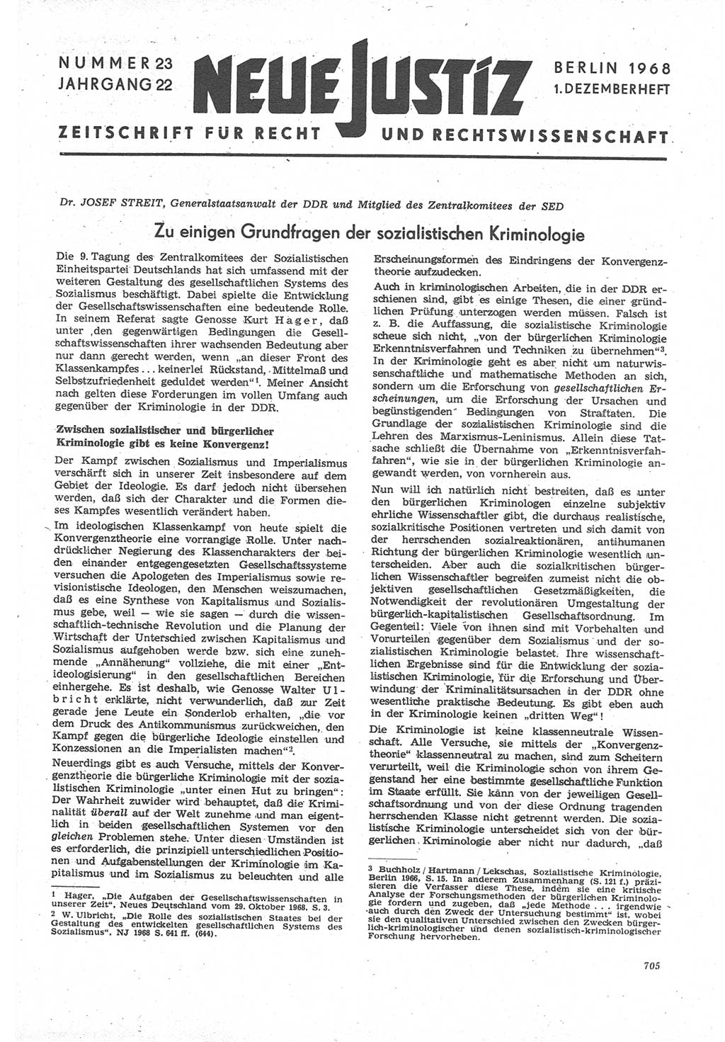 Neue Justiz (NJ), Zeitschrift für Recht und Rechtswissenschaft [Deutsche Demokratische Republik (DDR)], 22. Jahrgang 1968, Seite 705 (NJ DDR 1968, S. 705)