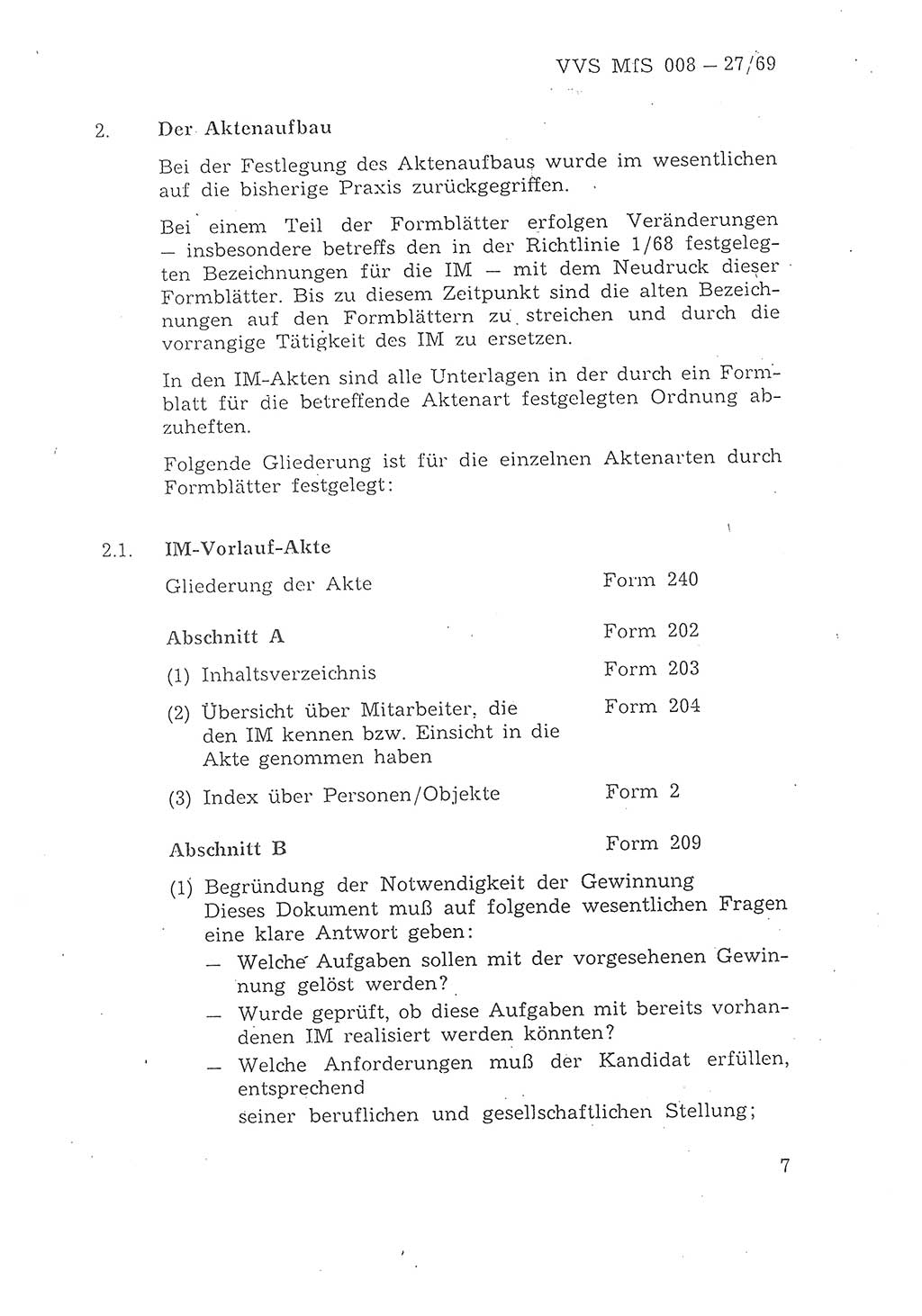 1. Durchführungsbestimmung zur Richtlinie 1/68 des Ministers für Staatssicherheit, Ordnung für die Führung der Personal- und Arbeitsakte für Inoffizielle Mitarbeiter des Ministeriums für Staatssicherheit - Aktenordnung für IM -, Deutsche Demokratische Republik (DDR), Ministerium für Staatssicherheit (MfS), 1. Stellvertreter des Ministers, Vertrauliche Verschlußsache (VVS) 008-27/69, Berlin 1969, Seite 7 (1. DB RL 1/68 DDR MfS 1. Stellv. Min. VVS 008-27/69 1969, S. 7)