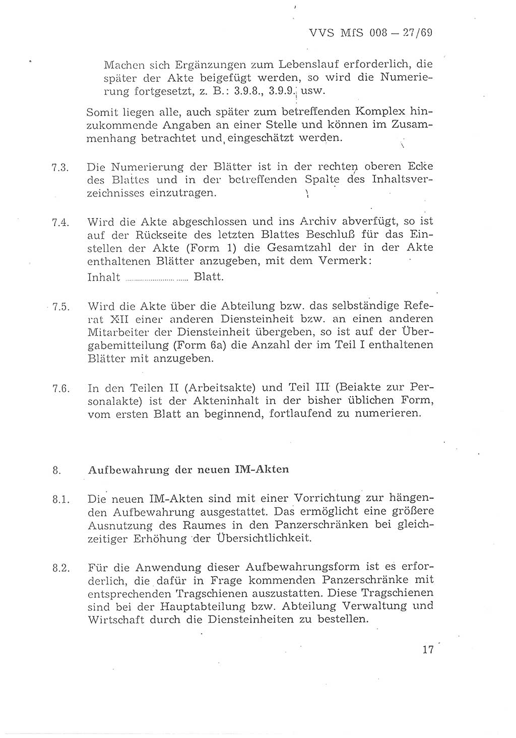 1. Durchführungsbestimmung zur Richtlinie 1/68 des Ministers für Staatssicherheit, Ordnung für die Führung der Personal- und Arbeitsakte für Inoffizielle Mitarbeiter des Ministeriums für Staatssicherheit - Aktenordnung für IM -, Deutsche Demokratische Republik (DDR), Ministerium für Staatssicherheit (MfS), 1. Stellvertreter des Ministers, Vertrauliche Verschlußsache (VVS) 008-27/69, Berlin 1969, Seite 17 (1. DB RL 1/68 DDR MfS 1. Stellv. Min. VVS 008-27/69 1969, S. 17)