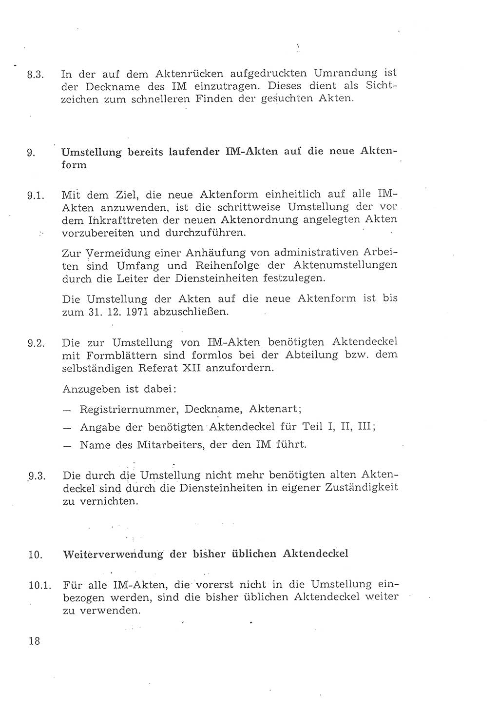 1. Durchführungsbestimmung zur Richtlinie 1/68 des Ministers für Staatssicherheit, Ordnung für die Führung der Personal- und Arbeitsakte für Inoffizielle Mitarbeiter des Ministeriums für Staatssicherheit - Aktenordnung für IM -, Deutsche Demokratische Republik (DDR), Ministerium für Staatssicherheit (MfS), 1. Stellvertreter des Ministers, Vertrauliche Verschlußsache (VVS) 008-27/69, Berlin 1969, Seite 18 (1. DB RL 1/68 DDR MfS 1. Stellv. Min. VVS 008-27/69 1969, S. 18)