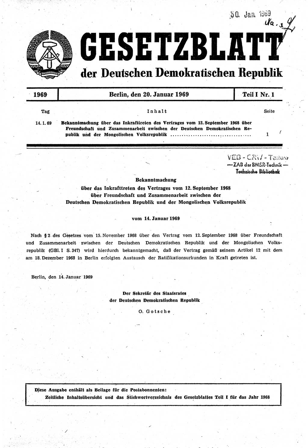 Gesetzblatt (GBl.) der Deutschen Demokratischen Republik (DDR) Teil Ⅰ 1969, Seite 1 (GBl. DDR Ⅰ 1969, S. 1)