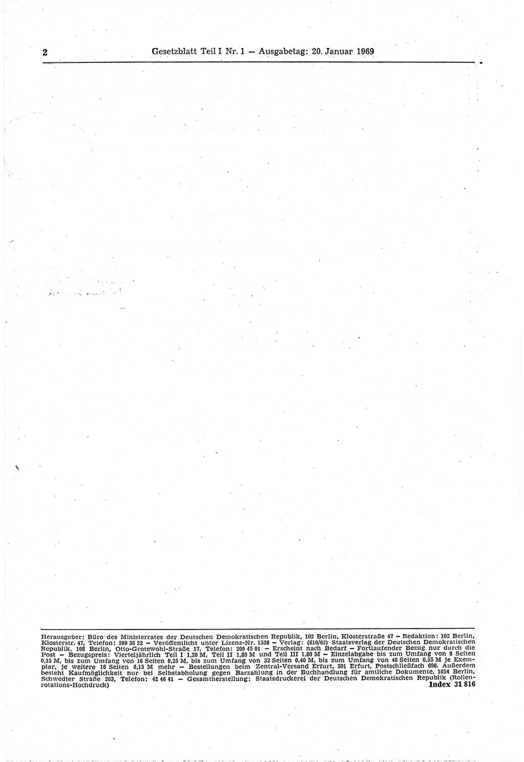 Gesetzblatt (GBl.) der Deutschen Demokratischen Republik (DDR) Teil Ⅰ 1969, Seite 2 (GBl. DDR Ⅰ 1969, S. 2)