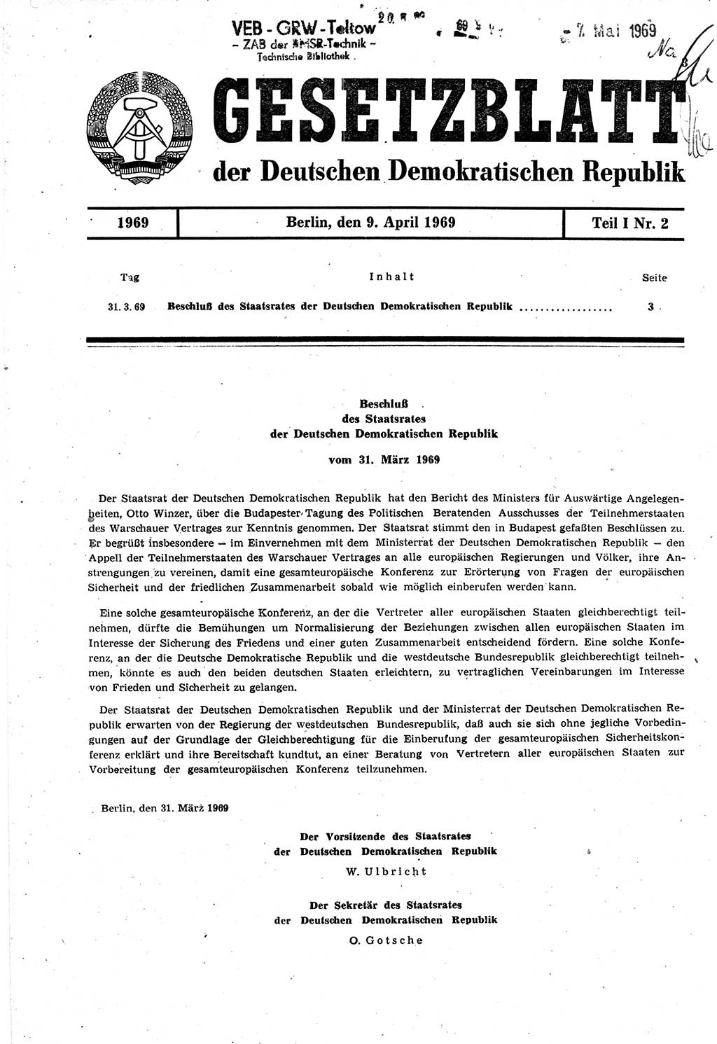 Gesetzblatt (GBl.) der Deutschen Demokratischen Republik (DDR) Teil Ⅰ 1969, Seite 3 (GBl. DDR Ⅰ 1969, S. 3)