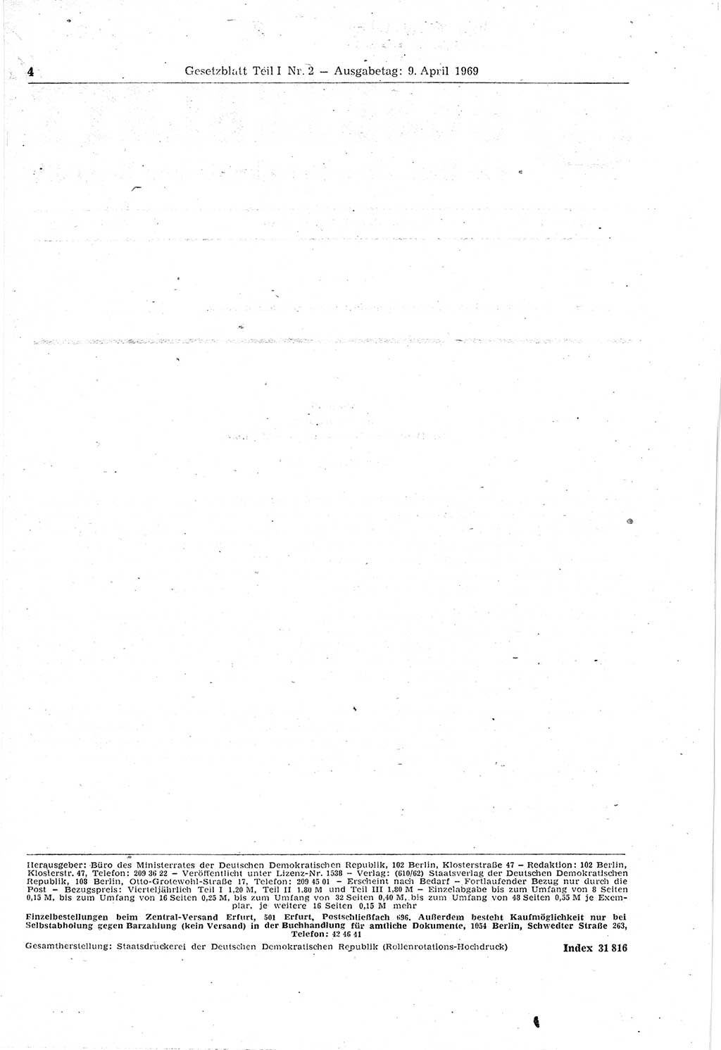 Gesetzblatt (GBl.) der Deutschen Demokratischen Republik (DDR) Teil Ⅰ 1969, Seite 4 (GBl. DDR Ⅰ 1969, S. 4)