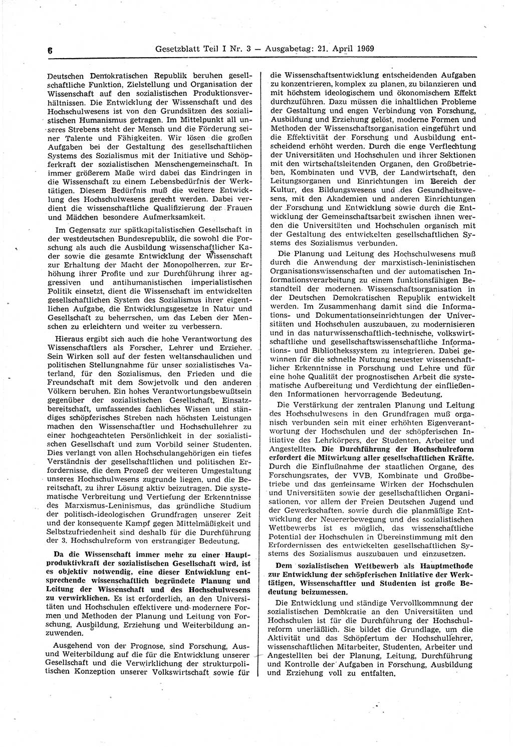 Gesetzblatt (GBl.) der Deutschen Demokratischen Republik (DDR) Teil Ⅰ 1969, Seite 6 (GBl. DDR Ⅰ 1969, S. 6)