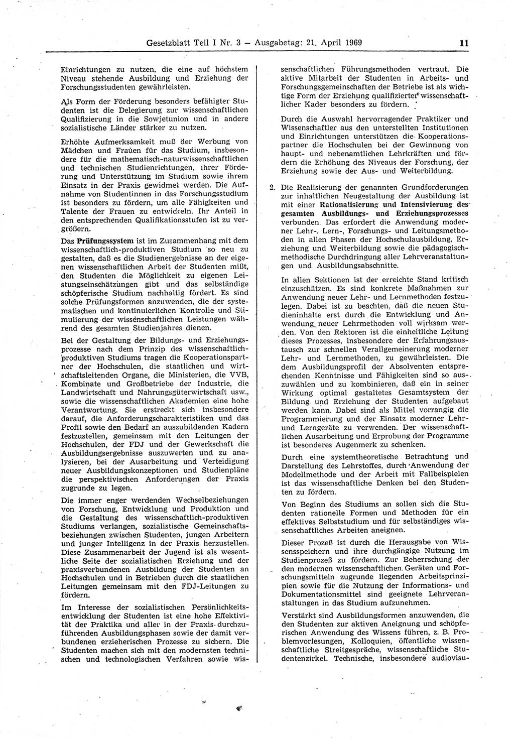 Gesetzblatt (GBl.) der Deutschen Demokratischen Republik (DDR) Teil Ⅰ 1969, Seite 11 (GBl. DDR Ⅰ 1969, S. 11)