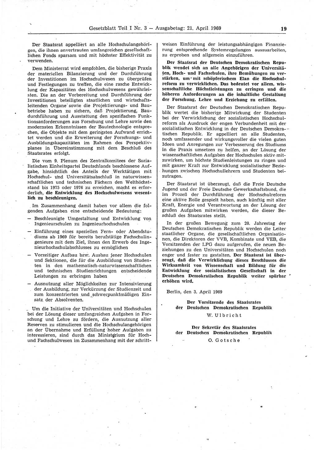 Gesetzblatt (GBl.) der Deutschen Demokratischen Republik (DDR) Teil Ⅰ 1969, Seite 19 (GBl. DDR Ⅰ 1969, S. 19)