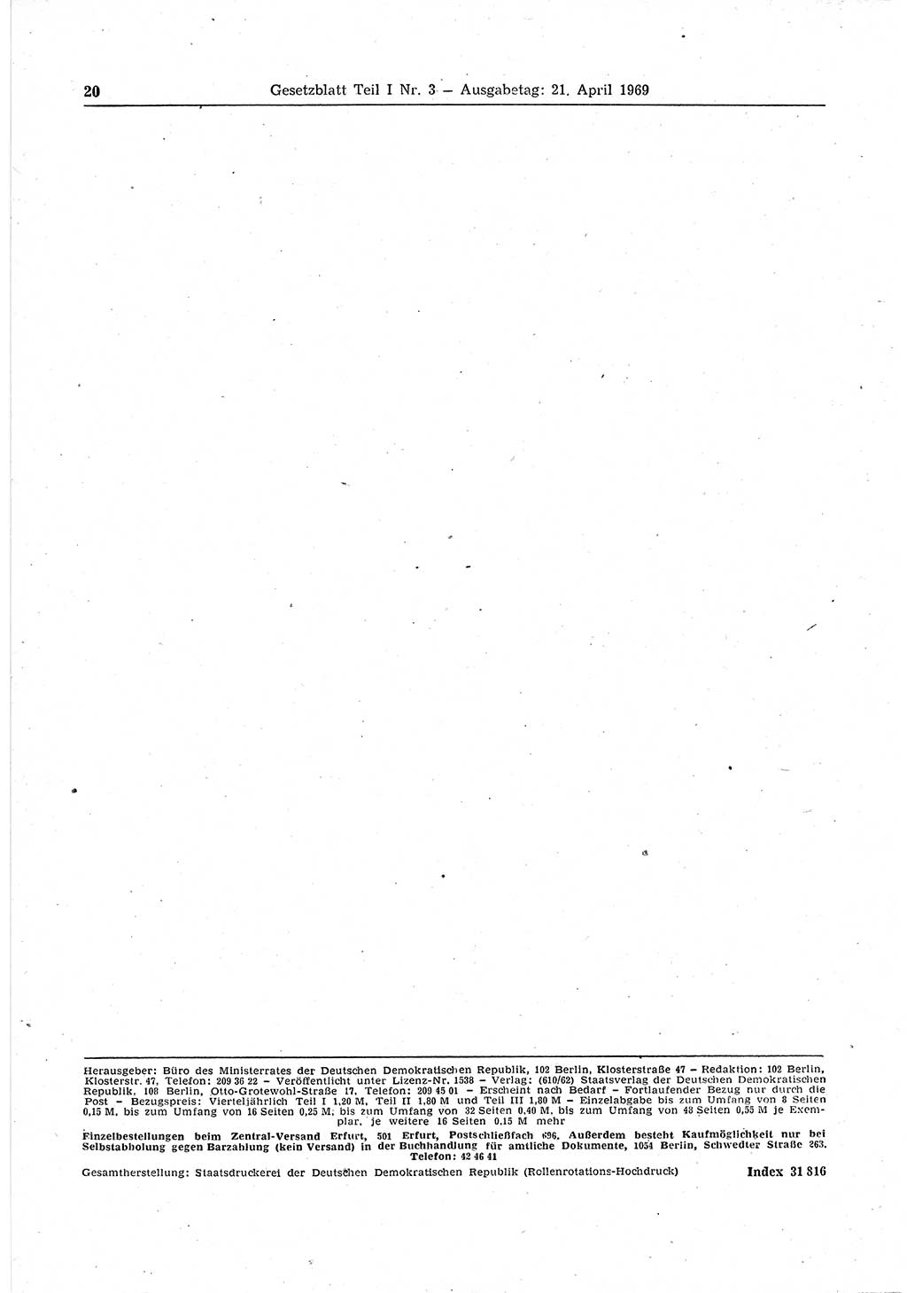 Gesetzblatt (GBl.) der Deutschen Demokratischen Republik (DDR) Teil Ⅰ 1969, Seite 20 (GBl. DDR Ⅰ 1969, S. 20)