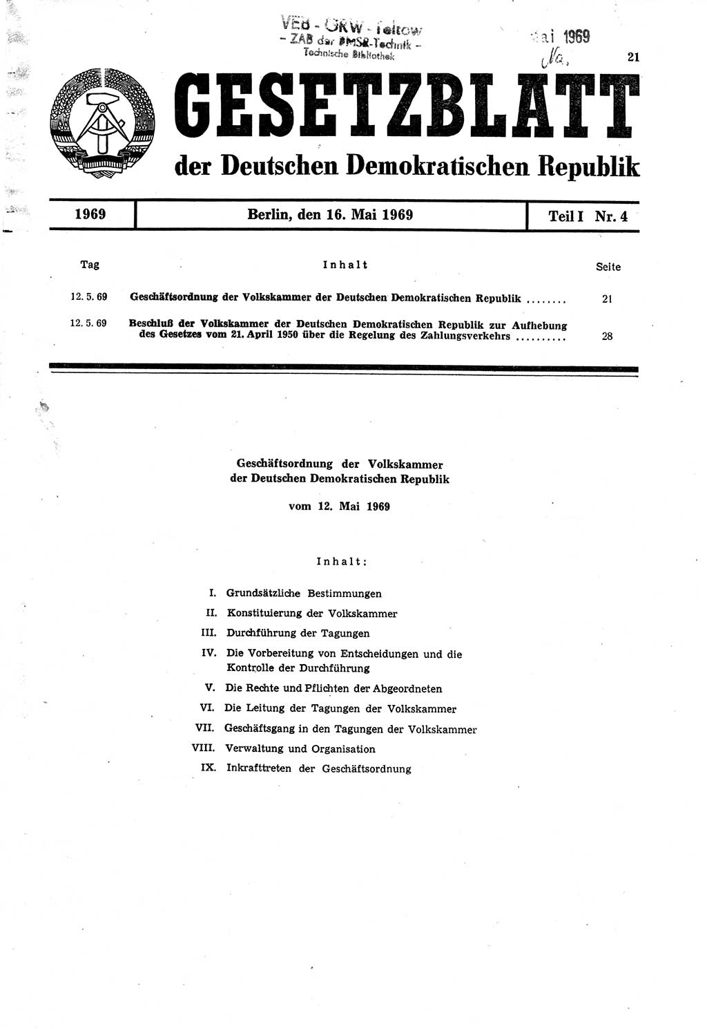 Gesetzblatt (GBl.) der Deutschen Demokratischen Republik (DDR) Teil Ⅰ 1969, Seite 21 (GBl. DDR Ⅰ 1969, S. 21)