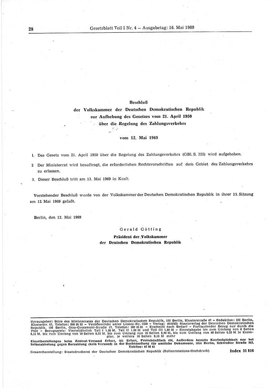 Gesetzblatt (GBl.) der Deutschen Demokratischen Republik (DDR) Teil Ⅰ 1969, Seite 28 (GBl. DDR Ⅰ 1969, S. 28)