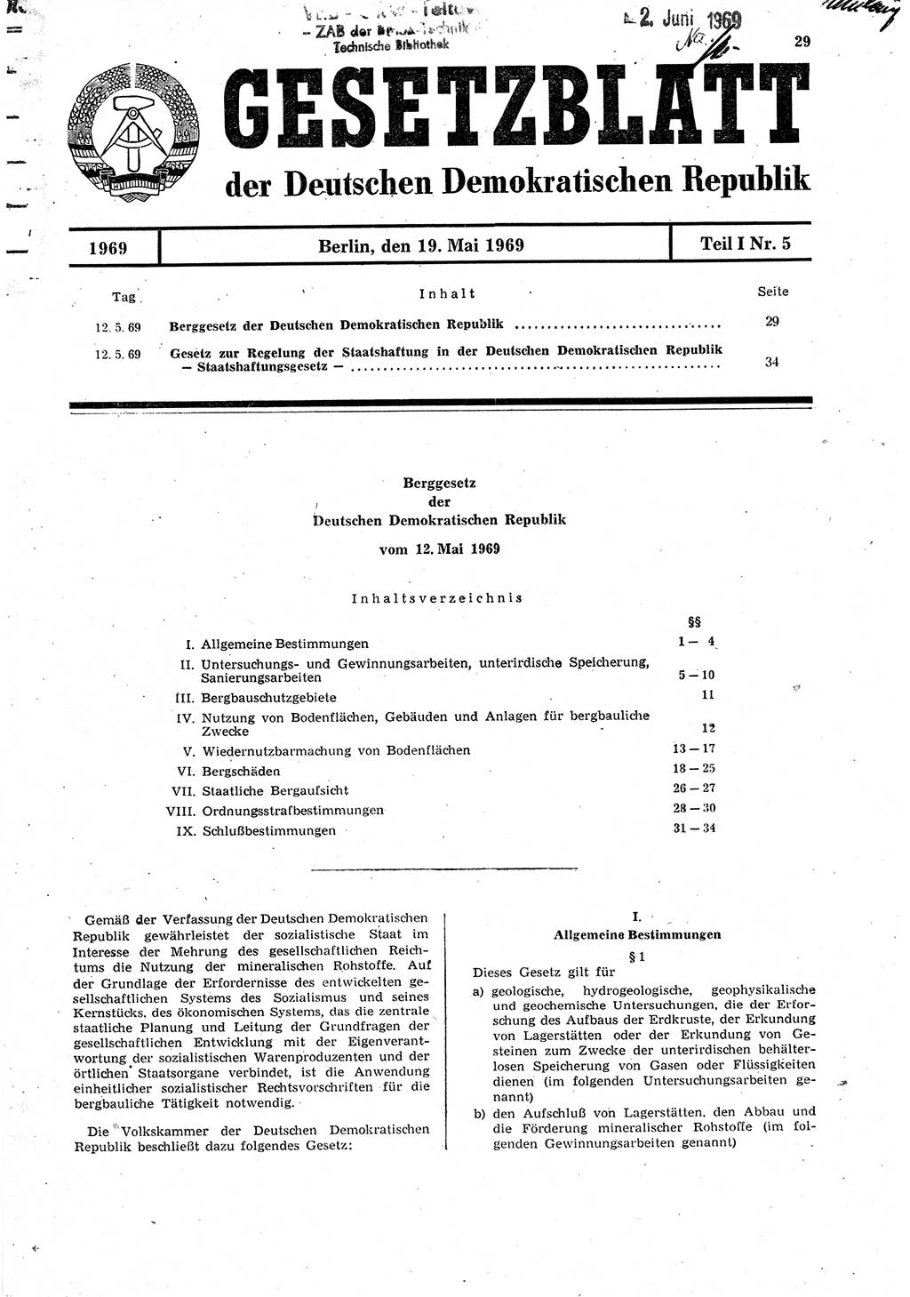 Gesetzblatt (GBl.) der Deutschen Demokratischen Republik (DDR) Teil Ⅰ 1969, Seite 29 (GBl. DDR Ⅰ 1969, S. 29)
