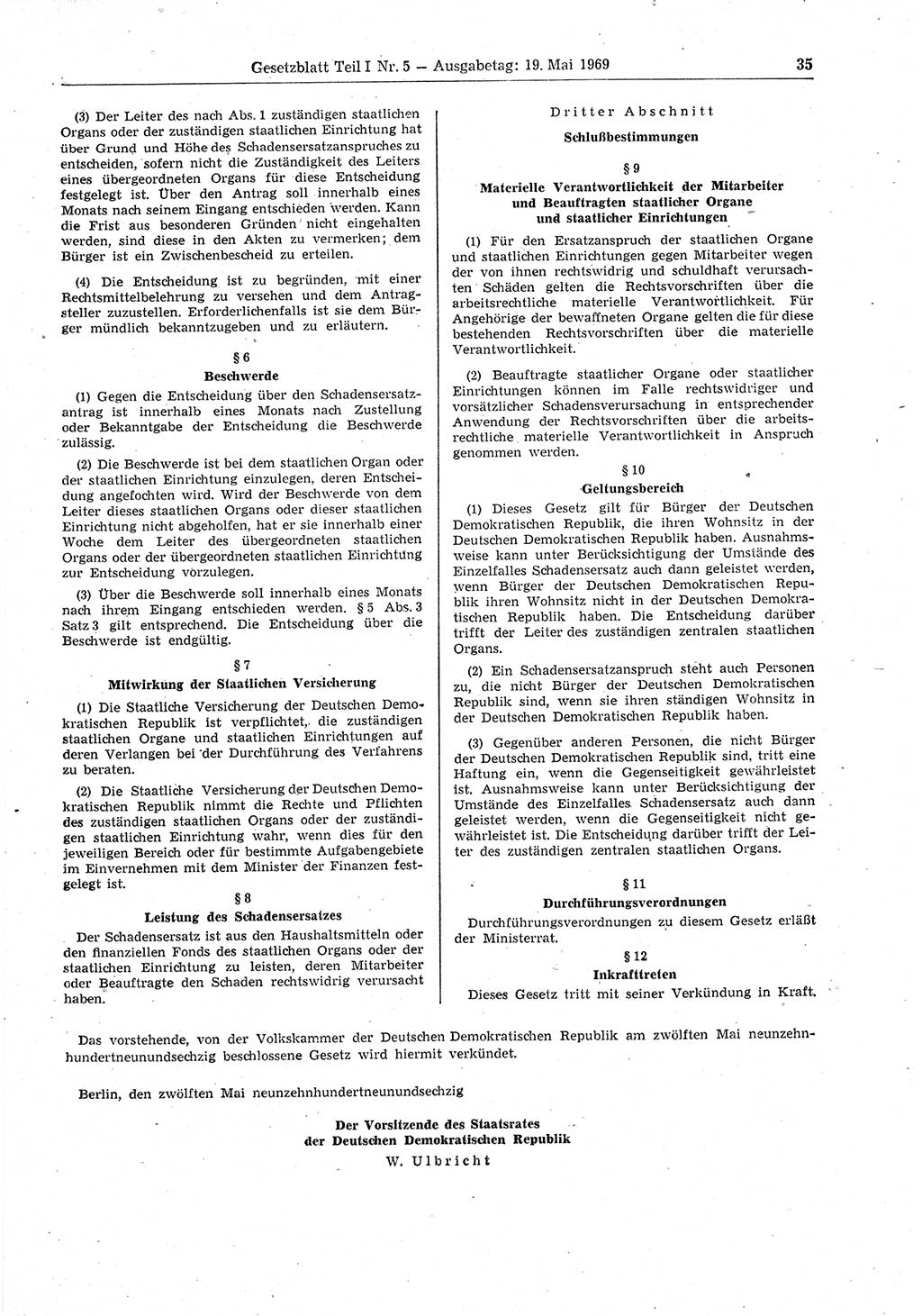 Gesetzblatt (GBl.) der Deutschen Demokratischen Republik (DDR) Teil Ⅰ 1969, Seite 35 (GBl. DDR Ⅰ 1969, S. 35)