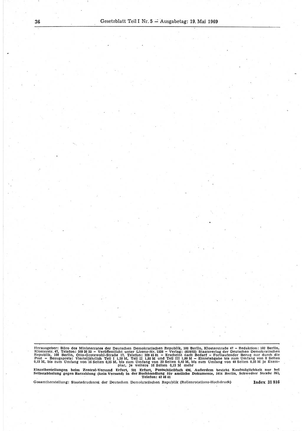 Gesetzblatt (GBl.) der Deutschen Demokratischen Republik (DDR) Teil Ⅰ 1969, Seite 36 (GBl. DDR Ⅰ 1969, S. 36)
