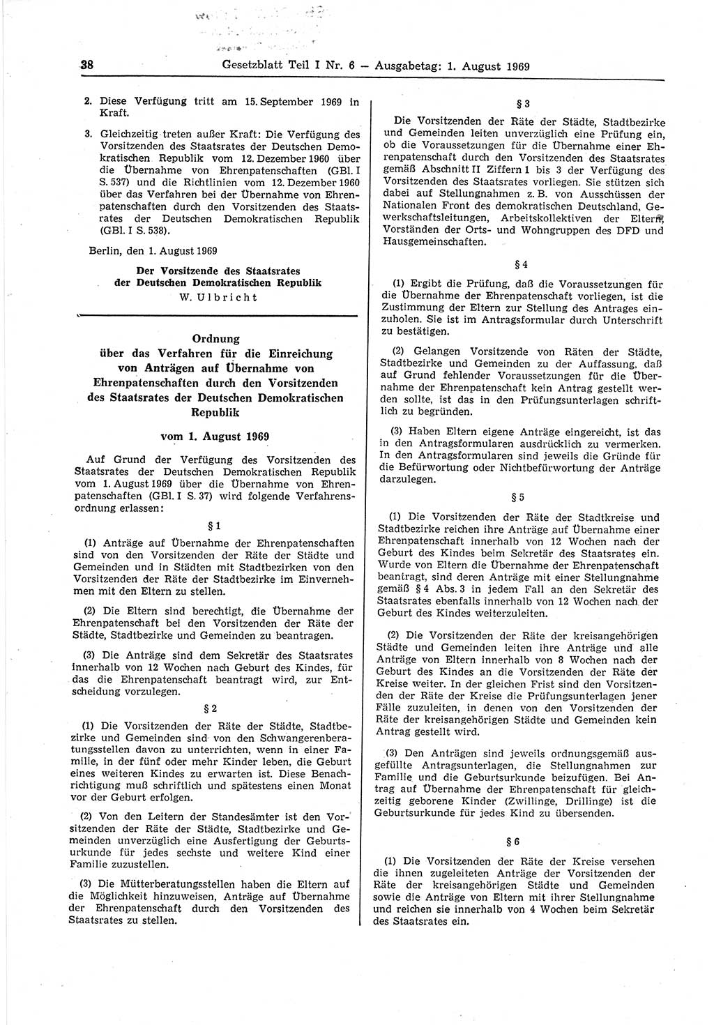 Gesetzblatt (GBl.) der Deutschen Demokratischen Republik (DDR) Teil Ⅰ 1969, Seite 38 (GBl. DDR Ⅰ 1969, S. 38)