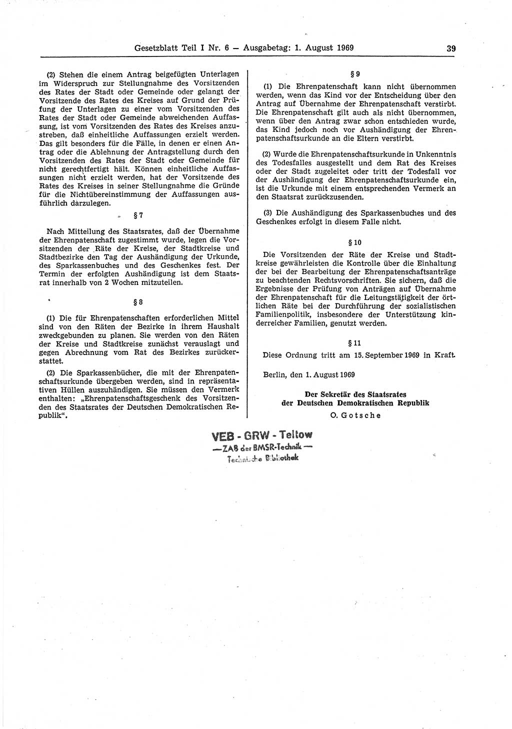 Gesetzblatt (GBl.) der Deutschen Demokratischen Republik (DDR) Teil Ⅰ 1969, Seite 39 (GBl. DDR Ⅰ 1969, S. 39)