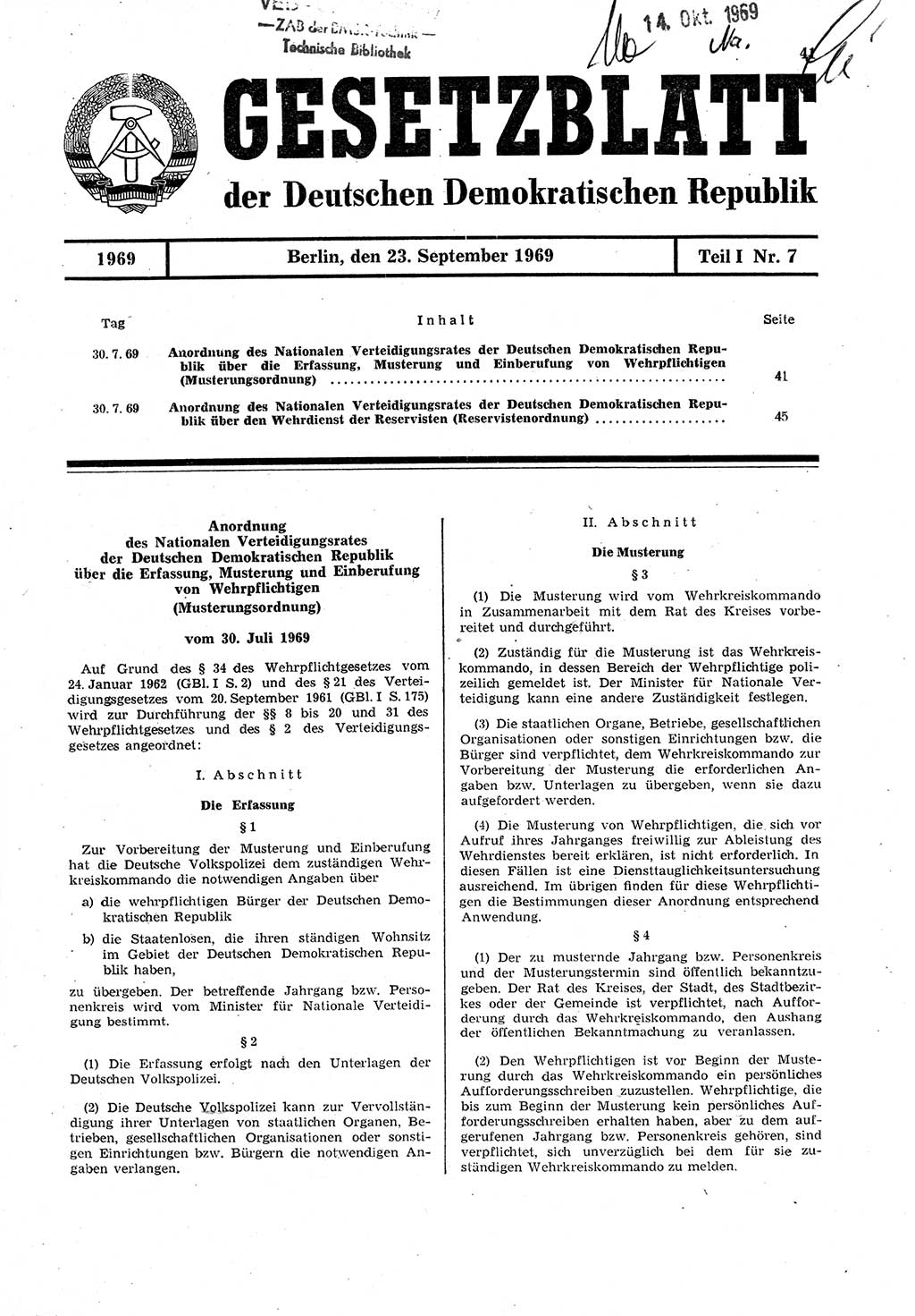 Gesetzblatt (GBl.) der Deutschen Demokratischen Republik (DDR) Teil Ⅰ 1969, Seite 41 (GBl. DDR Ⅰ 1969, S. 41)