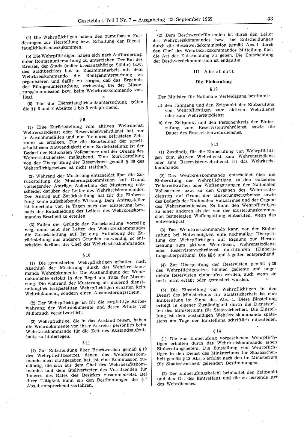 Gesetzblatt (GBl.) der Deutschen Demokratischen Republik (DDR) Teil Ⅰ 1969, Seite 43 (GBl. DDR Ⅰ 1969, S. 43)