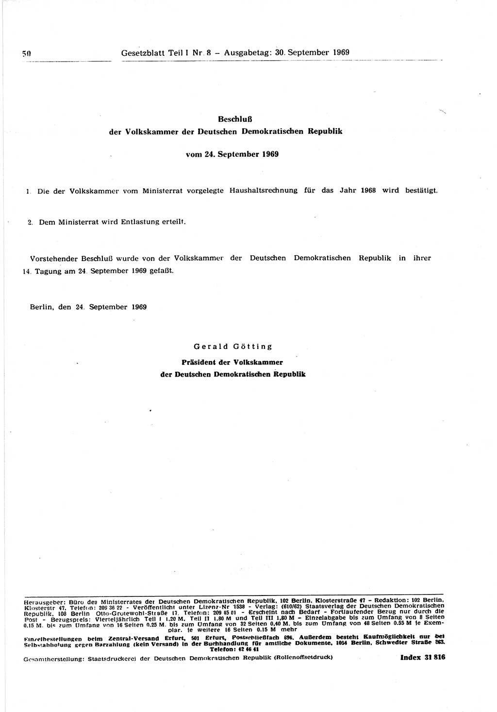 Gesetzblatt (GBl.) der Deutschen Demokratischen Republik (DDR) Teil Ⅰ 1969, Seite 50 (GBl. DDR Ⅰ 1969, S. 50)