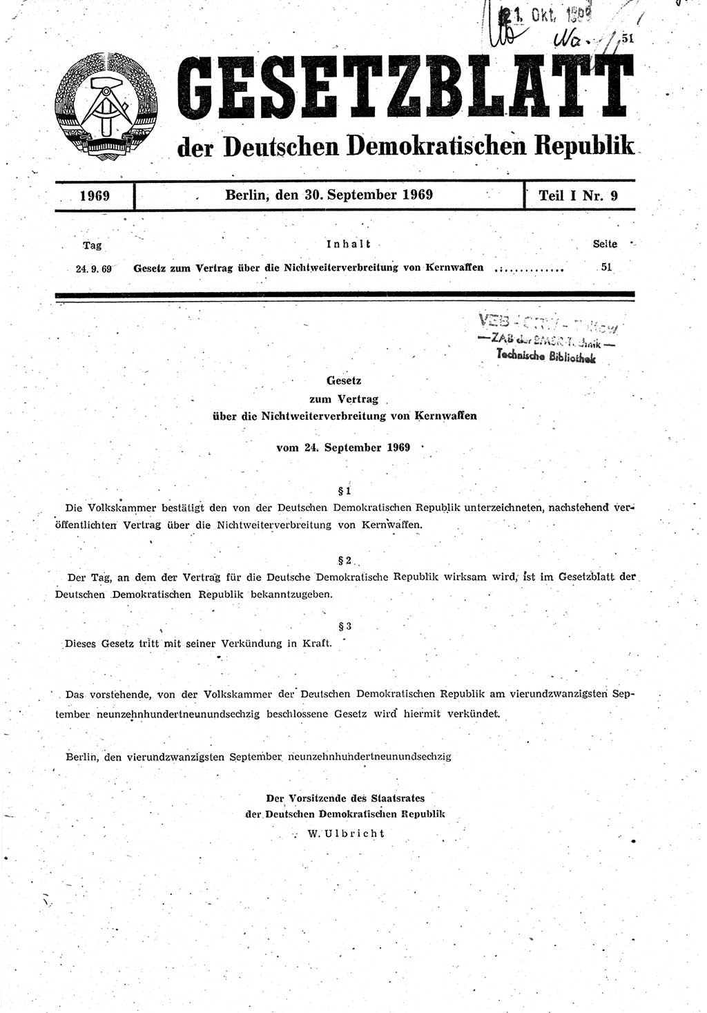 Gesetzblatt (GBl.) der Deutschen Demokratischen Republik (DDR) Teil Ⅰ 1969, Seite 51 (GBl. DDR Ⅰ 1969, S. 51)