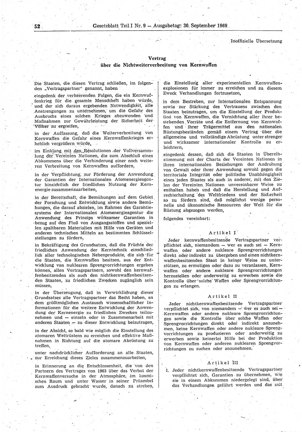 Gesetzblatt (GBl.) der Deutschen Demokratischen Republik (DDR) Teil Ⅰ 1969, Seite 52 (GBl. DDR Ⅰ 1969, S. 52)
